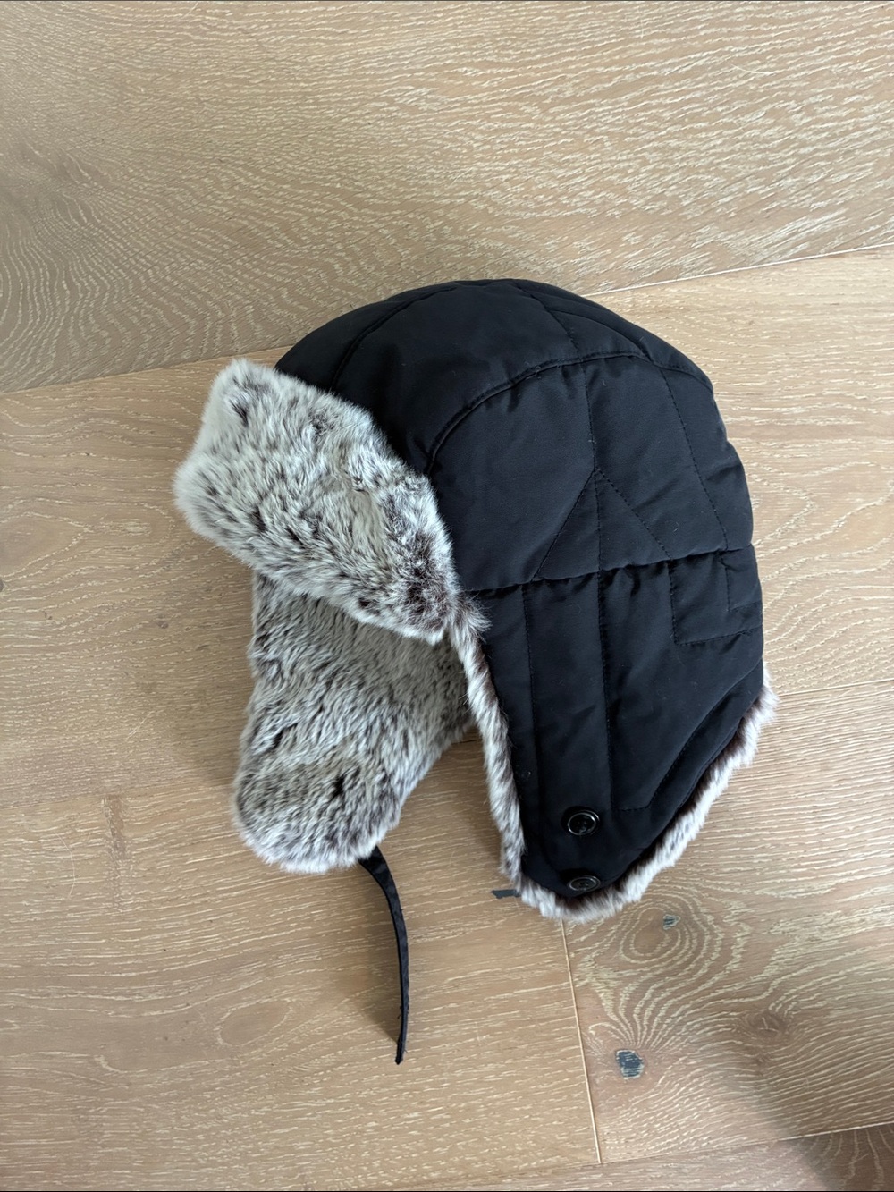 Quilted Black Aviator Hat with Rabbit Fur Lining